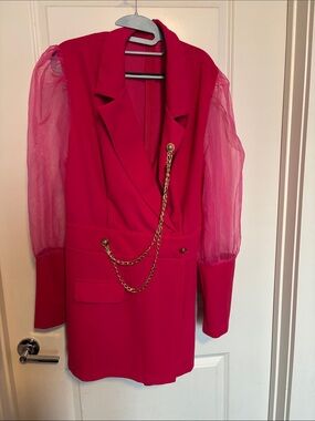 Flanker Plus Women's Hot Pink Puff-Sleeve Jumpsuit Blazer with Gold Chain